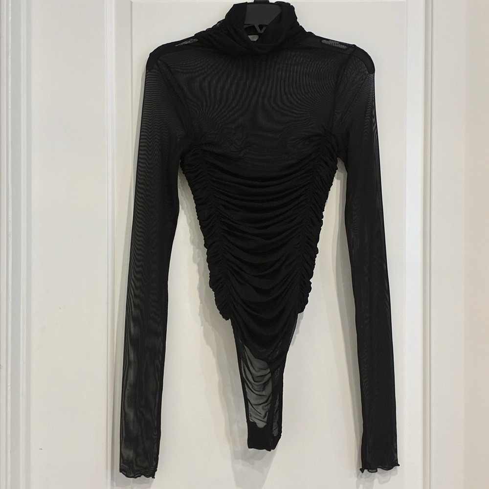 Free People Intimately Under It All Sheer Mesh Ruched Bodysuit XS Black